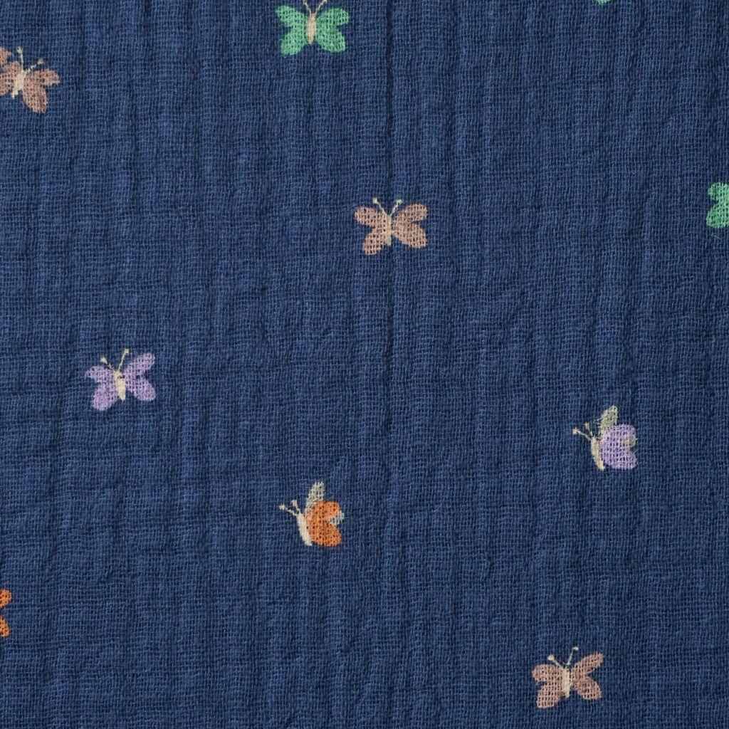 Musselin Double Gauze kleine bunte Schmetterlinge auf blau